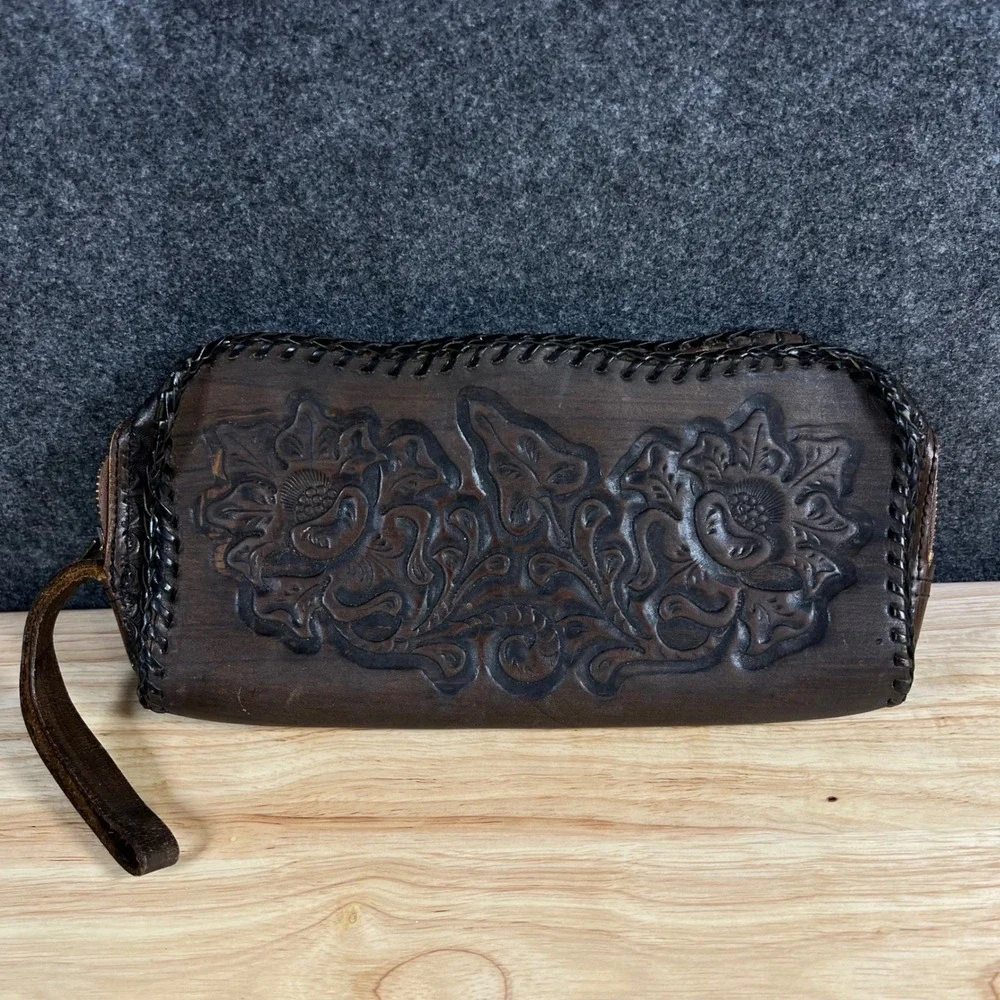 Vintage Hand Tooled Leather Floral Clutch Bag Dark Brown Whipstitch Western Boho